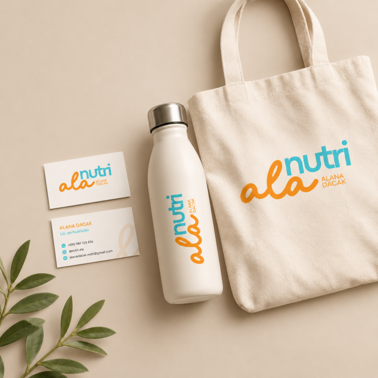 Identidad de marca AlaNutri: botella, tote bag y papelería con logotipo
