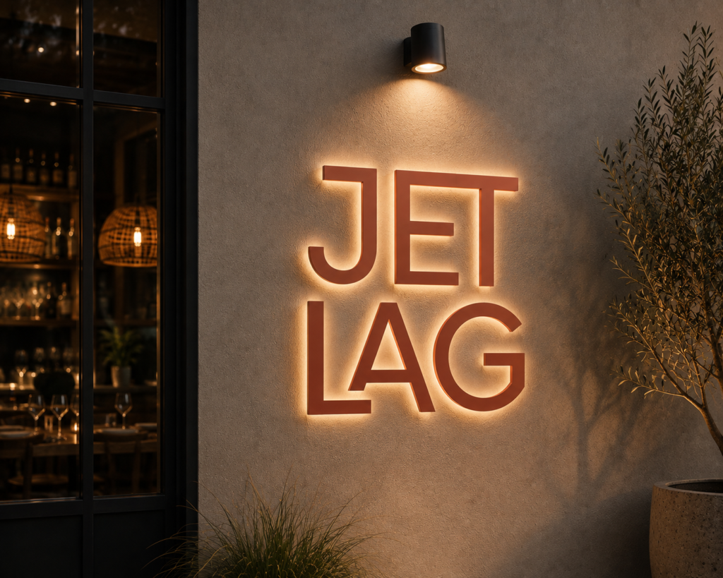 Cartel luminoso de neón con la identidad de marca JET LAG en fachada